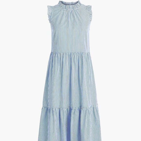 J. Crew Factory Dresses & Skirts - J. CREW Tiered Midi Ruffle Dress Blue White Stripe Size 2